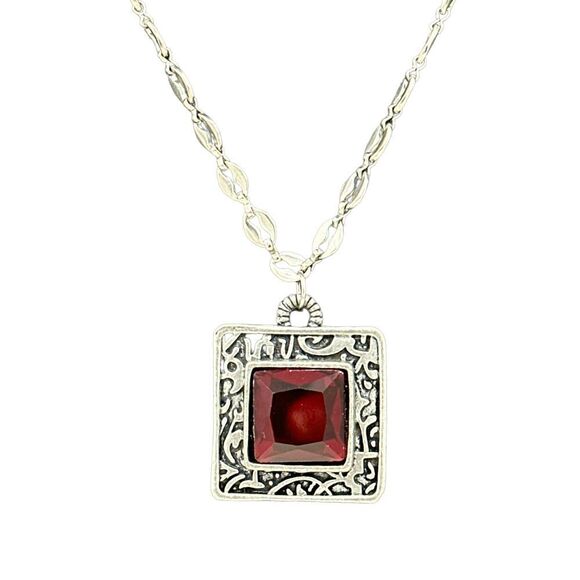 Jewelry - Red Glass Square Silver Tone Etched Greek? Pendant with Chain Link No clasped 26